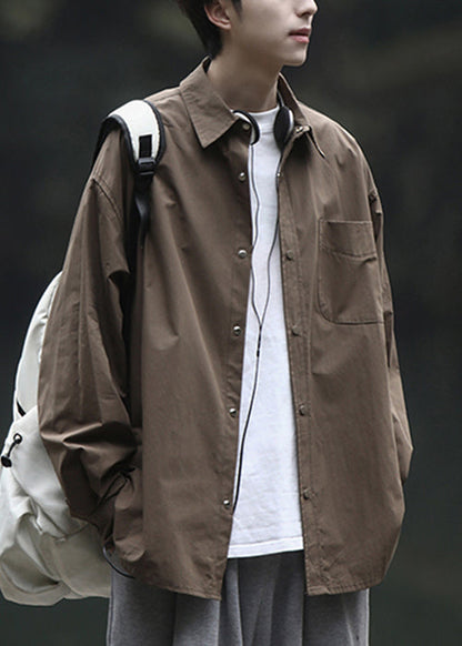 Men Simple Peter Brown Shirts Pan Collar Cotton Spring Button FashionChic