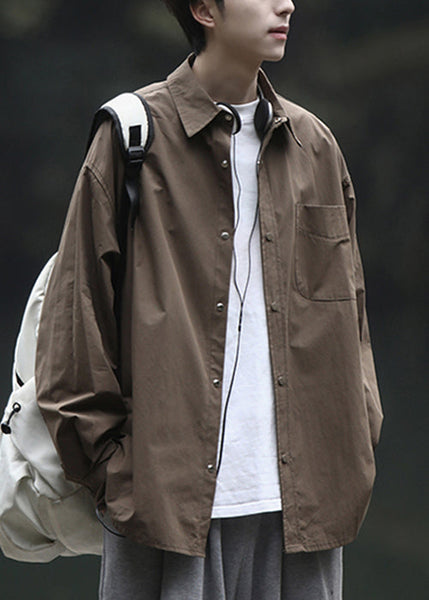 Men Simple Peter Brown Shirts Pan Collar Cotton Spring Button FashionChic