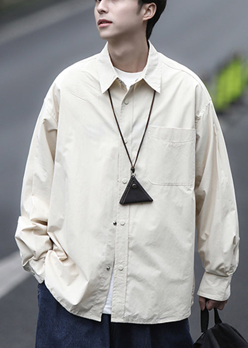 Men Simple Peter Brown Shirts Pan Collar Cotton Spring Button FashionChic