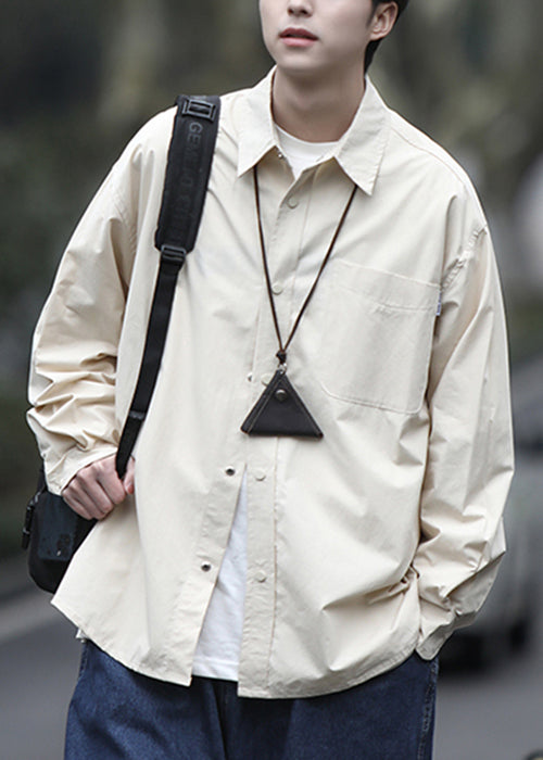 Men Simple Peter Brown Shirts Pan Collar Cotton Spring Button FashionChic