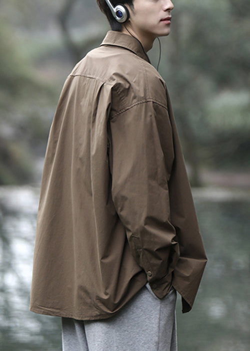 Men Simple Peter Brown Shirts Pan Collar Cotton Spring Button FashionChic