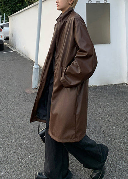Simple Brown Peter Pan Collar Button Faux Leather Mens Coats Spring RN024 ABC