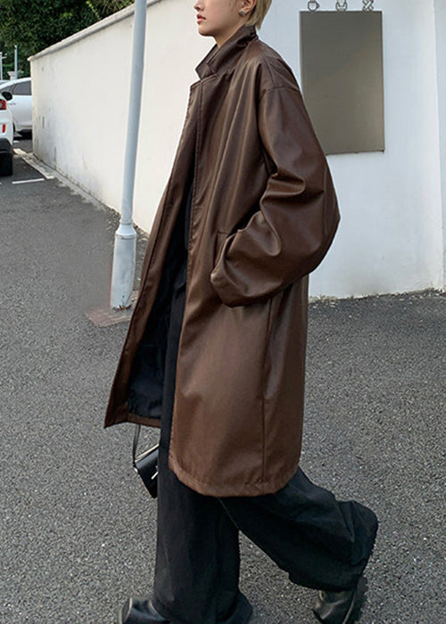 Simple Brown Peter Pan Collar Button Faux Leather Mens Coats Spring RN024 ABC