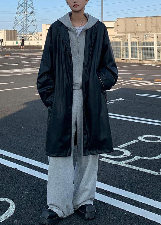 Simple Brown Peter Pan Collar Button Faux Leather Mens Coats Spring RN024 ABC