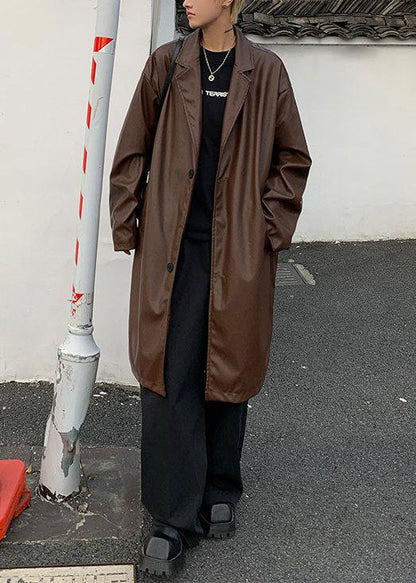 Simple Brown Peter Pan Collar Button Faux Leather Mens Coats Spring RN024 ABC