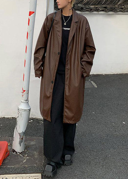 Simple Brown Peter Pan Collar Button Faux Leather Mens Coats Spring RN024 ABC