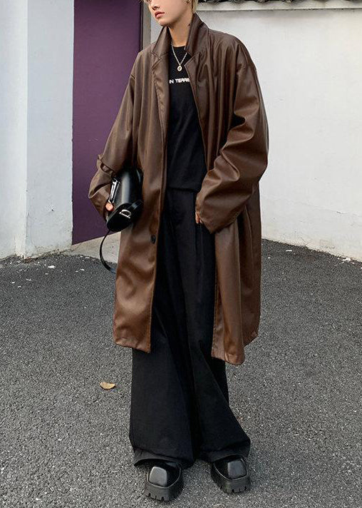 Simple Brown Peter Pan Collar Button Faux Leather Mens Coats Spring RN024 ABC