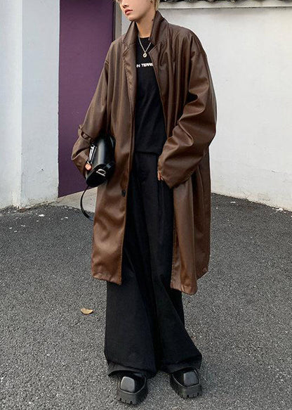 Simple Brown Peter Pan Collar Button Faux Leather Mens Coats Spring RN024 ABC