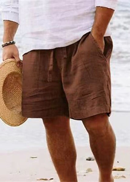 Simple Waist Cotton Pockets Shorts Solid Summer Brown Men Elastic FashionChic