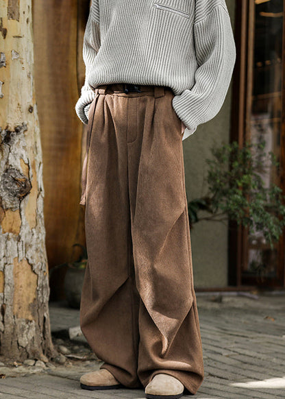Simple Brown Pockets High Waist Warm Fleece Corduroy Men Pants Spring RM023 ABC