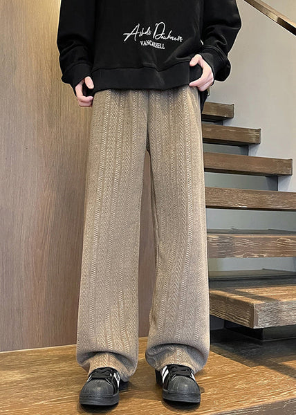 Chenille Mens Fall Pockets Brown Pants Solid Waist Simple Elastic FashionChic