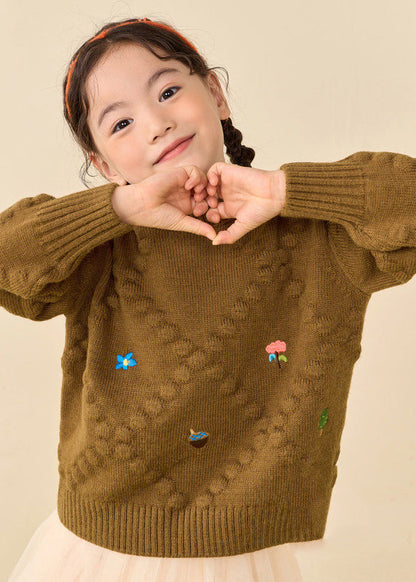 Simple Brown Print Thick Cotton Knit Girls Sweater Puff Sleeve WL041 MM-RCTZ-NTGP241120