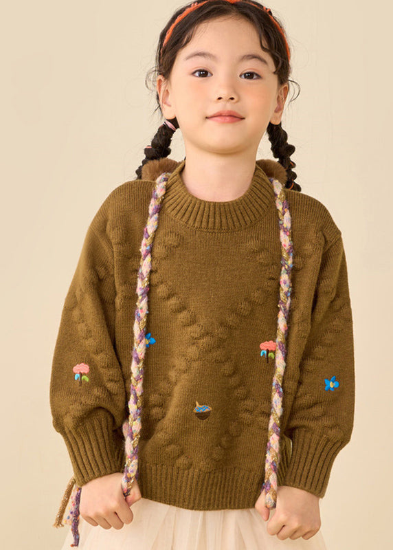 Simple Brown Print Thick Cotton Knit Girls Sweater Puff Sleeve WL041 MM-RCTZ-NTGP241120