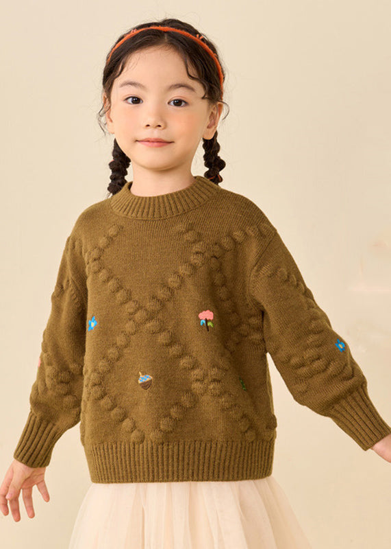 Simple Brown Print Thick Cotton Knit Girls Sweater Puff Sleeve WL041 MM-RCTZ-NTGP241120