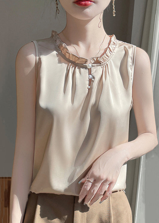 O-Neck Button Shirt Silk Simple Color Champagne Summer Pearl FashionChic