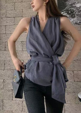 Summer Linen Vest Charcoal Grey Simple Tunic Silm FashionChic