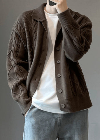 Button Coffee Cozy Knit Cardigan Simple Spring Cable Mens FashionChic