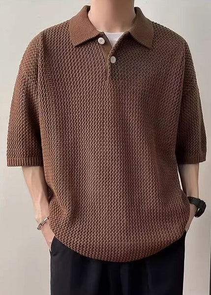 Polo Summer Shirts Men Button Coffee Hollow Out Knit Simple FashionChic