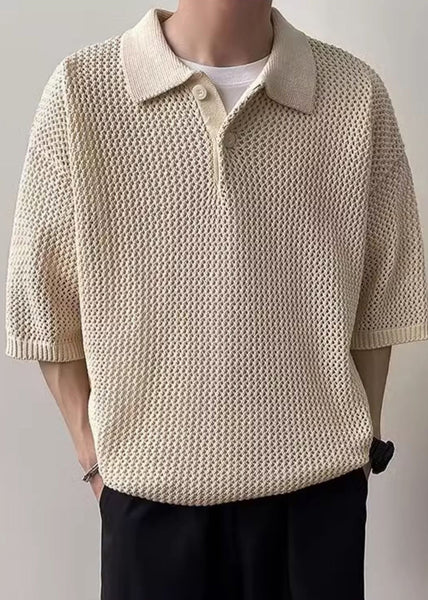 Polo Summer Shirts Men Button Coffee Hollow Out Knit Simple FashionChic