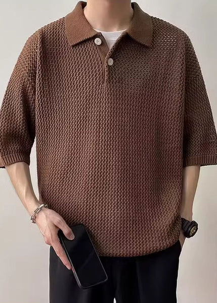 Polo Summer Shirts Men Button Coffee Hollow Out Knit Simple FashionChic