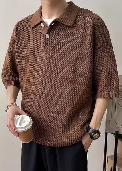 Polo Summer Shirts Men Button Coffee Hollow Out Knit Simple FashionChic