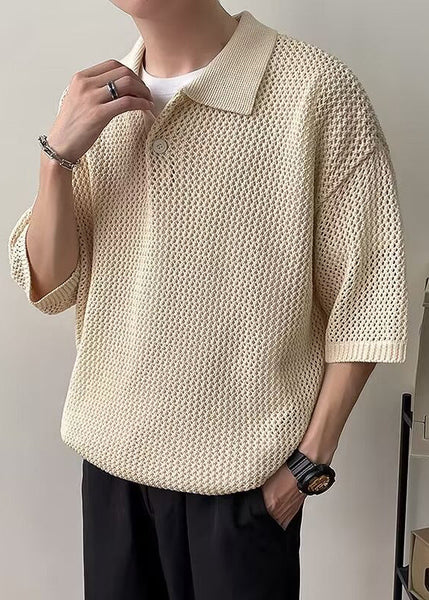 Polo Summer Shirts Men Button Coffee Hollow Out Knit Simple FashionChic