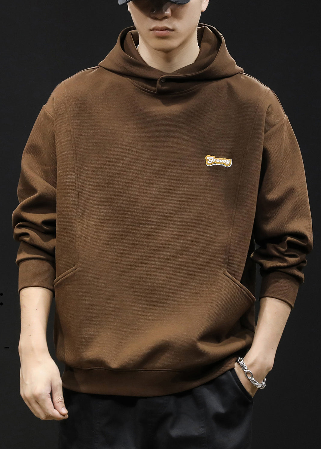 Simple Coffee Hooded Solid Warm Fleece Men Sweatshirt Winter RP071 ABC