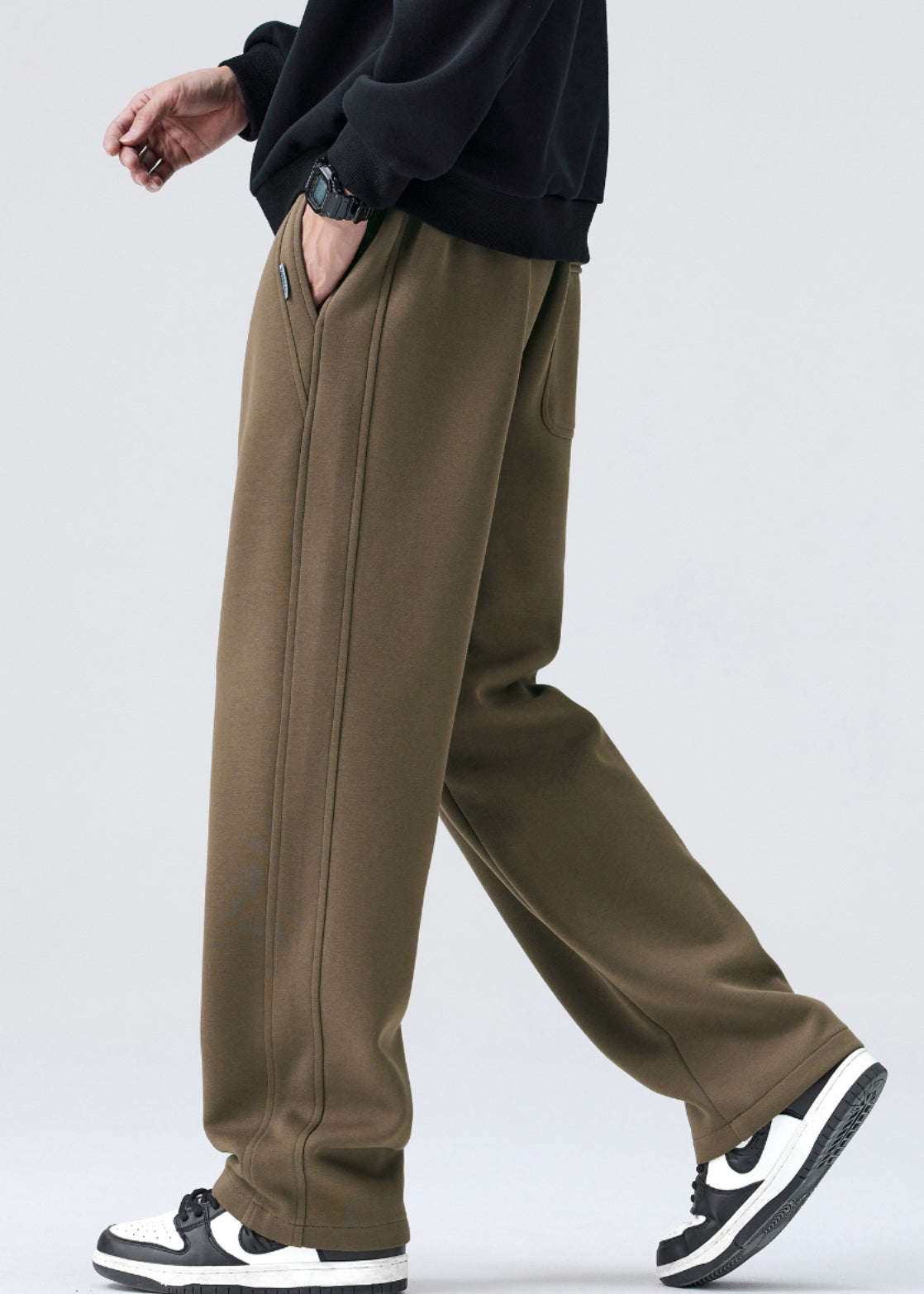 Simple Coffee Lace Up Elastic Waist Warm Fleece Mens Pants Spring RM040 ABC