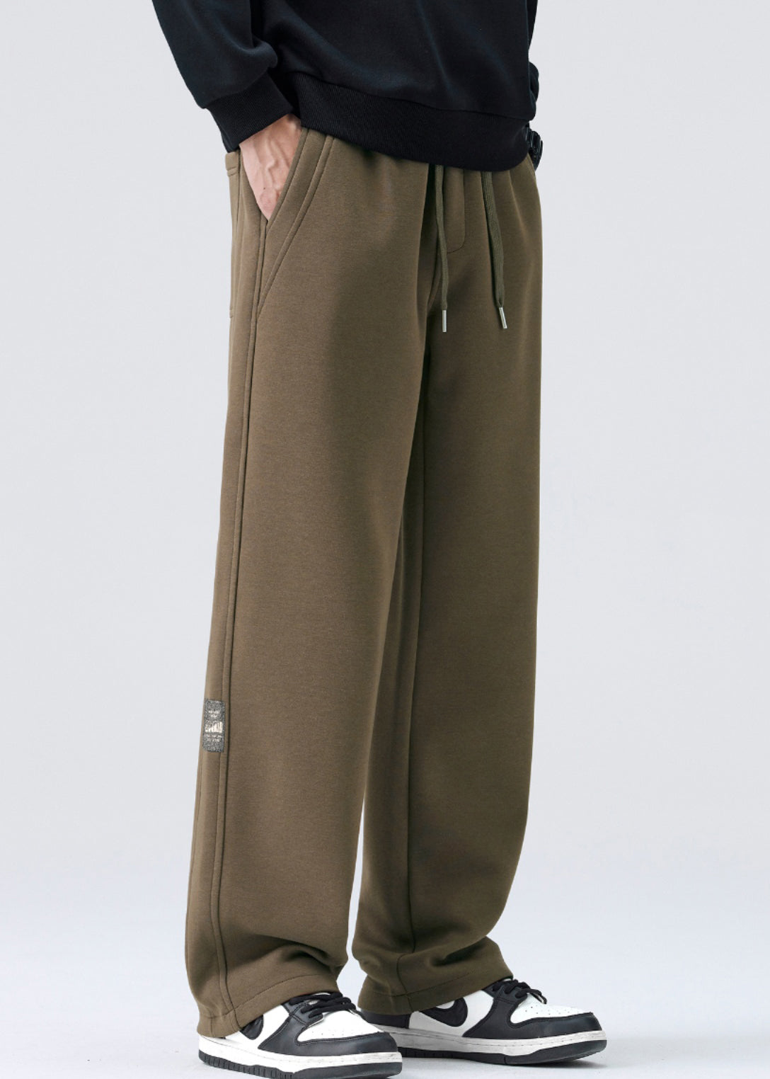 Simple Coffee Lace Up Elastic Waist Warm Fleece Mens Pants Spring RM040 ABC
