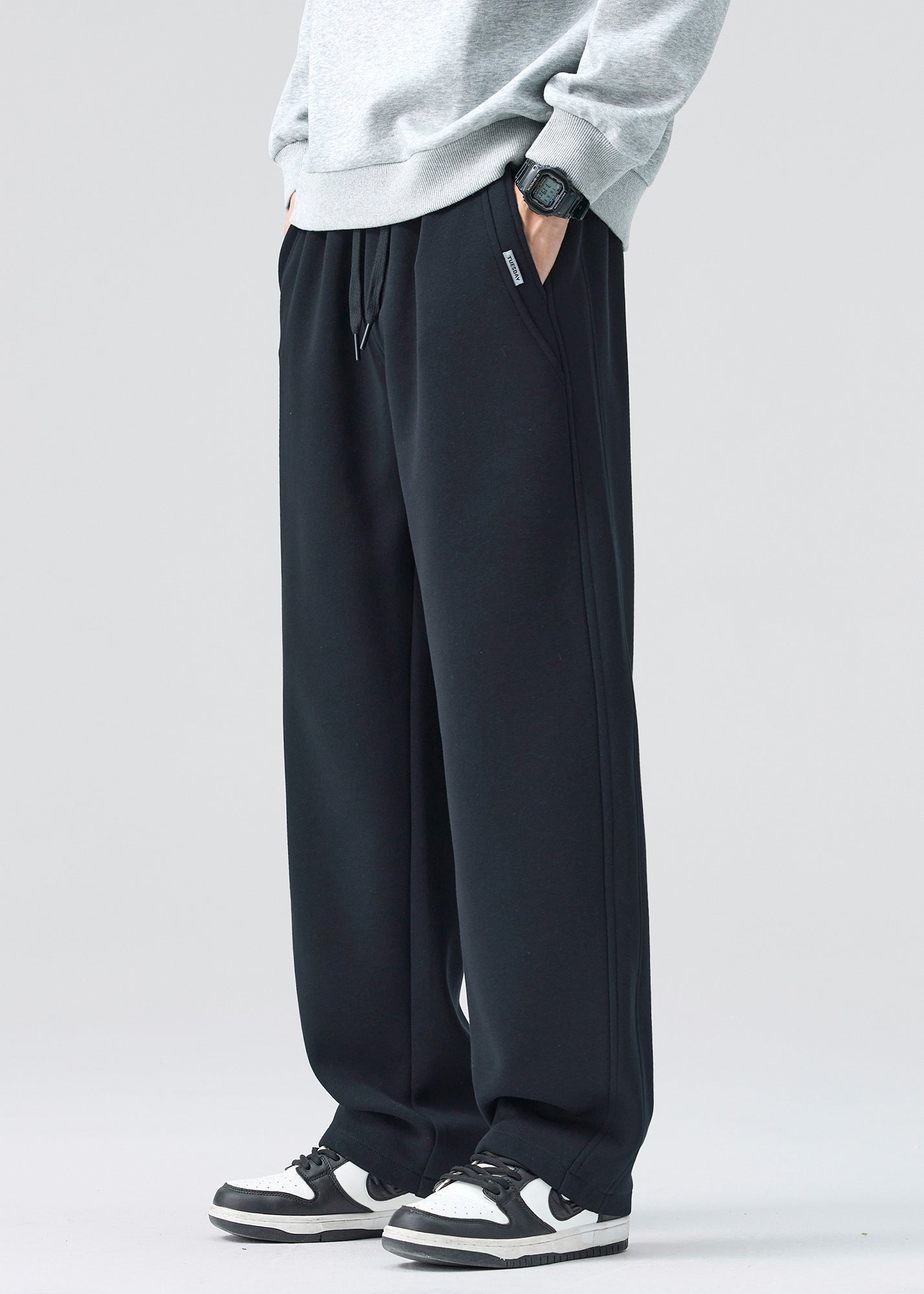 Simple Coffee Lace Up Elastic Waist Warm Fleece Mens Pants Spring RM040 ABC
