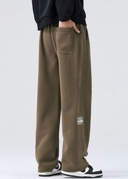 Simple Coffee Lace Up Elastic Waist Warm Fleece Mens Pants Spring RM040 ABC