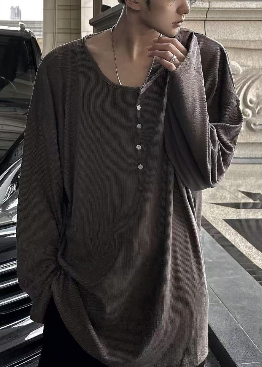 O T Button Neck Simple Spring Solid Coffee Mens Cotton Shirts FashionChic