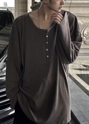 O T Button Neck Simple Spring Solid Coffee Mens Cotton Shirts FashionChic