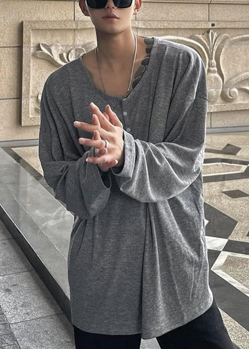 O T Button Neck Simple Spring Solid Coffee Mens Cotton Shirts FashionChic