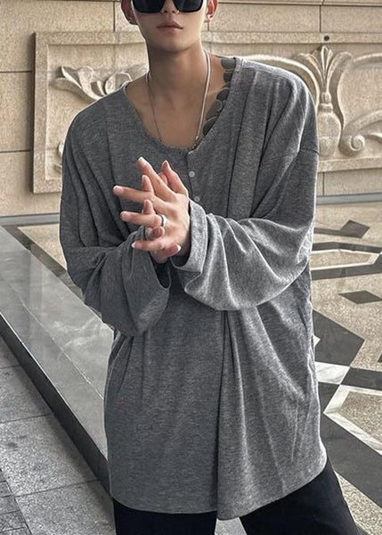 O T Button Neck Simple Spring Solid Coffee Mens Cotton Shirts FashionChic