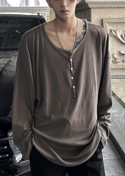 O T Button Neck Simple Spring Solid Coffee Mens Cotton Shirts FashionChic