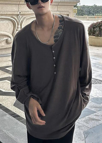 O T Button Neck Simple Spring Solid Coffee Mens Cotton Shirts FashionChic