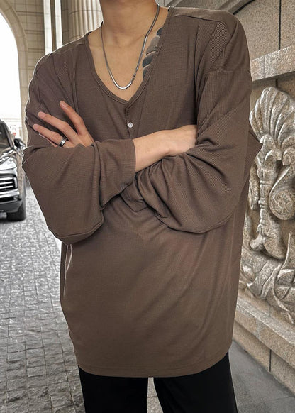 O T Button Neck Simple Spring Solid Coffee Mens Cotton Shirts FashionChic