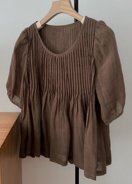 Neck Sleeve Coffee Shirt Simple Linen Wrinkled O Half FashionChic