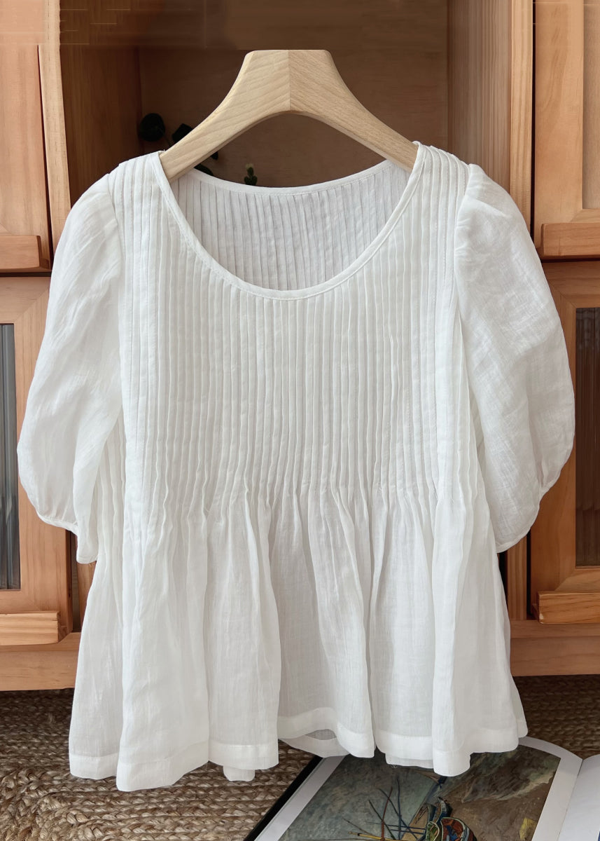 Neck Sleeve Coffee Shirt Simple Linen Wrinkled O Half FashionChic