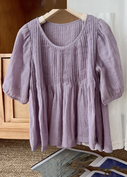 Neck Sleeve Coffee Shirt Simple Linen Wrinkled O Half FashionChic