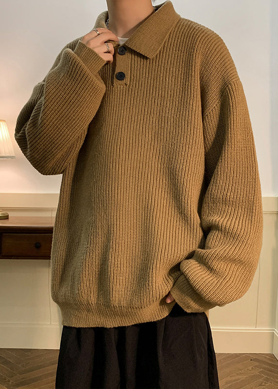 Simple Coffee Peter Pan Collar Button Solid Knit Men Sweaters Fall QH039 MENSW241019