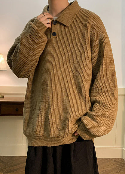 Simple Coffee Peter Pan Collar Button Solid Knit Men Sweaters Fall QH039 MENSW241019