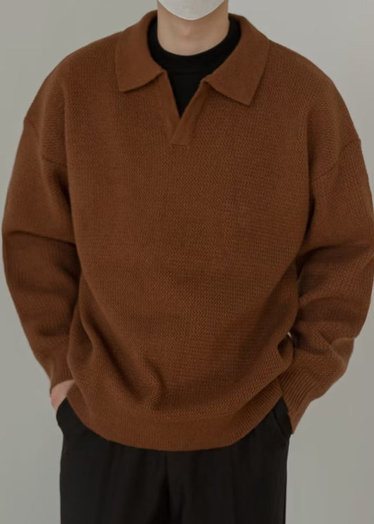 Simple Coffee Peter Pan Collar Solid Knit Mens Sweaters Spring TK002