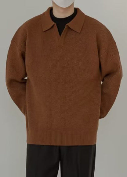 Simple Coffee Peter Pan Collar Solid Knit Mens Sweaters Spring TK002