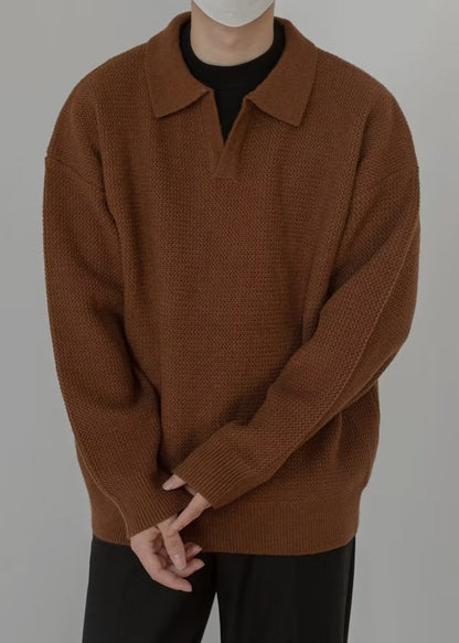 Simple Coffee Peter Pan Collar Solid Knit Mens Sweaters Spring TK002