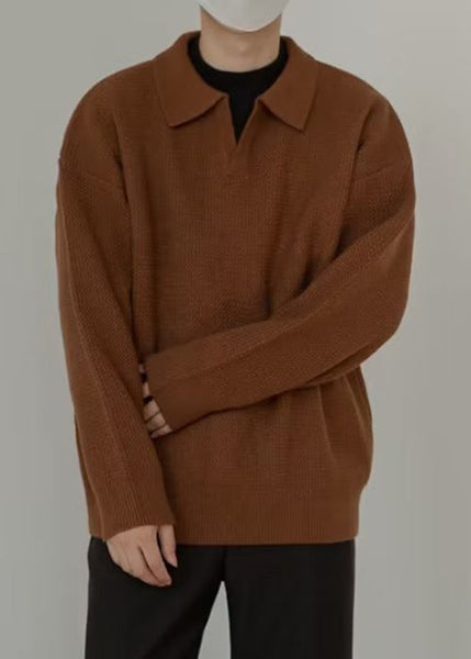 Simple Coffee Peter Pan Collar Solid Knit Mens Sweaters Spring TK002