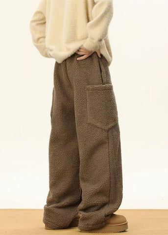 Simple Coffee Pockets Elastic Waist Teddy Faux Fur Men Pants Winter RM022 ABC