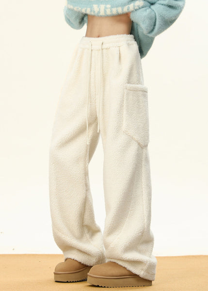 Simple Coffee Pockets Elastic Waist Teddy Faux Fur Men Pants Winter RM022 ABC