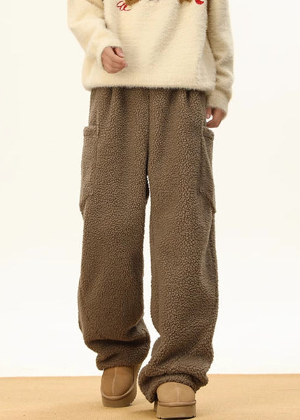 Simple Coffee Pockets Elastic Waist Teddy Faux Fur Men Pants Winter RM022 ABC